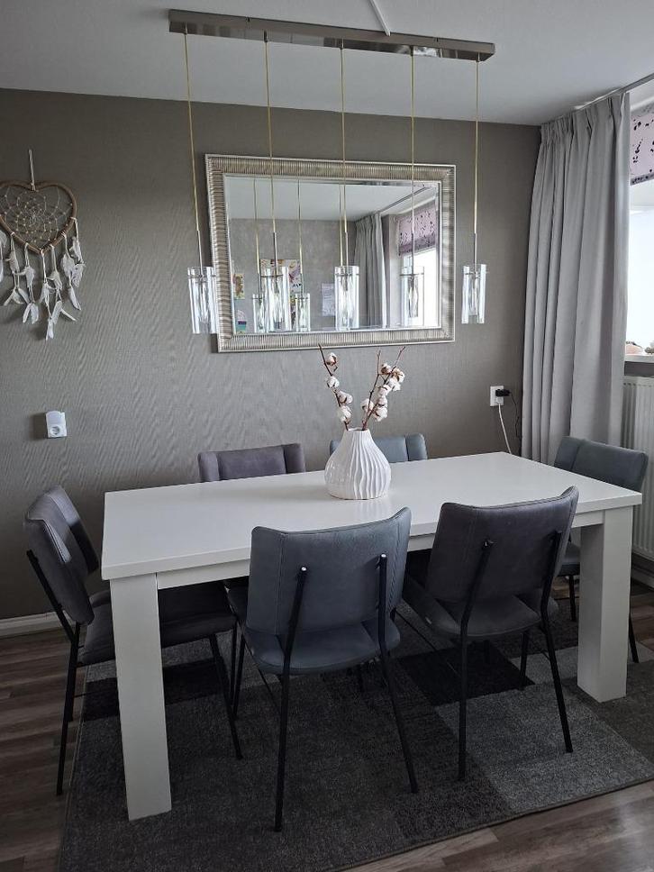 Witte eettafel (massief) en 6 eetstoelen, Huis en Inrichting, Stoelen, Zo goed als nieuw, Vijf, Zes of meer stoelen, Hout, Kunststof