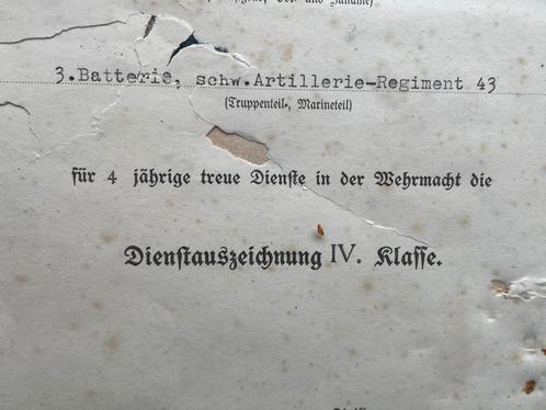 WW2 artillerie oorkonde 4 jaar trouwe dienst in de Wehrmacht, Verzamelen, Militaria | Tweede Wereldoorlog, Landmacht, Overige typen