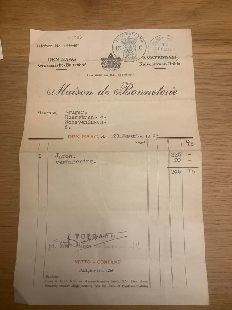 Oude factuur Maison de Bonneterie 1951, Verzenden