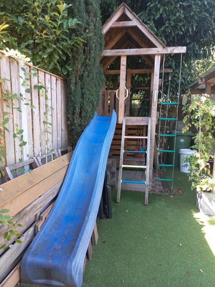 speelhuis, houtenspeeltoestel., Kinderen en Baby's, Speelgoed | Buiten | Speeltoestellen, Gebruikt, Glijbaan, Klimtouw, Klimwand