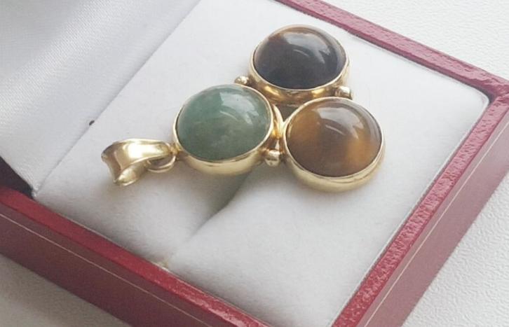 Vintage gouden hanger met jade en tijgeroog 14 karaats, Sieraden, Tassen en Uiterlijk, Kettinghangers, Zo goed als nieuw, Goud