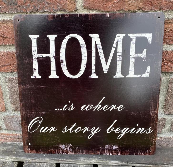 metalen tekstbord "Home....is where our story begins" TB430, Huis en Inrichting, Woonaccessoires | Tekstborden en Spreuken, Nieuw