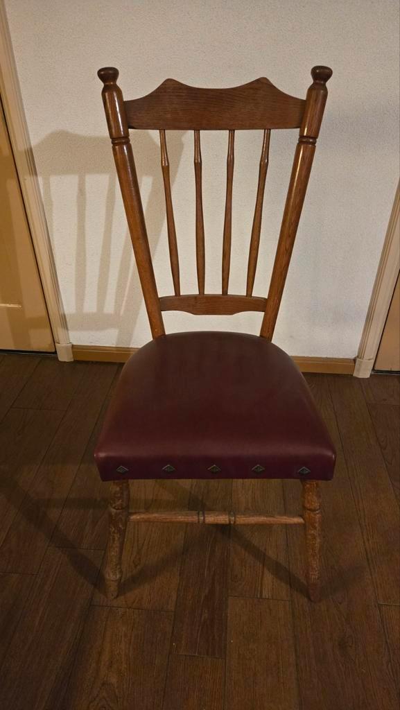 Houten stoel met lederen zitting, Huis en Inrichting, Stoelen, Gebruikt, Eén, Bruin, Ophalen of Verzenden