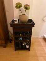 Wijnrek met lade en los dienblad massief donkerbruin hout, 5 tot 15 flessen, Ophalen of Verzenden, Zo goed als nieuw, 75 cm of meer