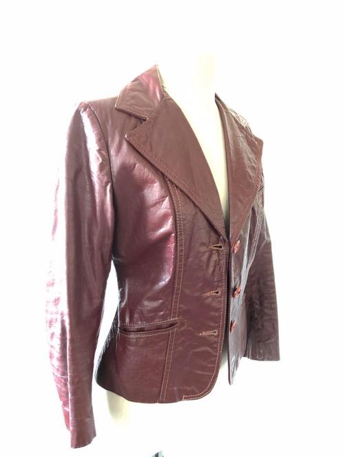 Bordeauxrood leren vintage jasje - S, Kleding | Dames, Jasjes, Kostuums en Pakken, Gedragen, Jasje, Maat 36 (S), Rood, Ophalen of Verzenden