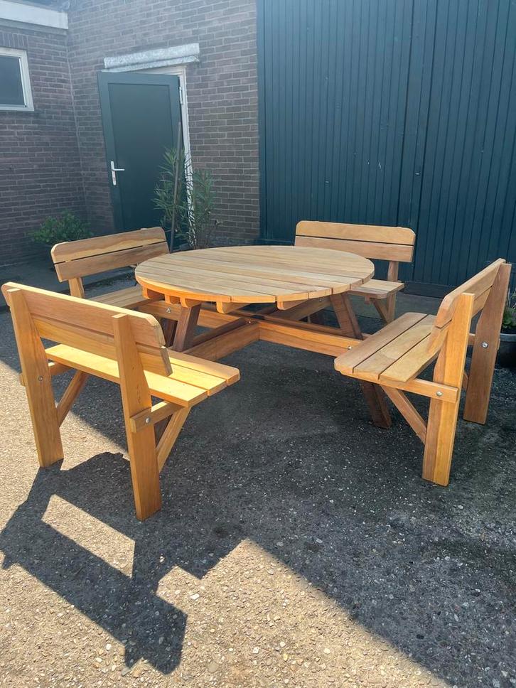 HardHouten Picknicktafel Rond met Banken, Tuin en Terras, Picknicktafels, Nieuw, Rond, Hout, Ophalen