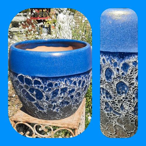 Mooie bloempot  blauw  met  schuimglazuur, Tuin en Terras, Bloembakken en Plantenbakken, Zo goed als nieuw, Steen, Binnen, Balkon