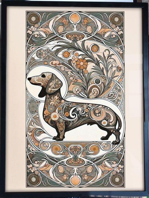 [Kunst Poster in Frame] Dachshund Teckel Stl Alphonse Mucha, Verzamelen, Posters, Nieuw, Rechthoekig Staand, Verzenden