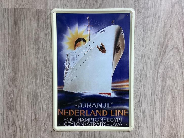 Vintage MS ORANJE, Ned. Line reclame bord (geen emaaillle), Verzamelen, Merken en Reclamevoorwerpen, Zo goed als nieuw, Reclamebord