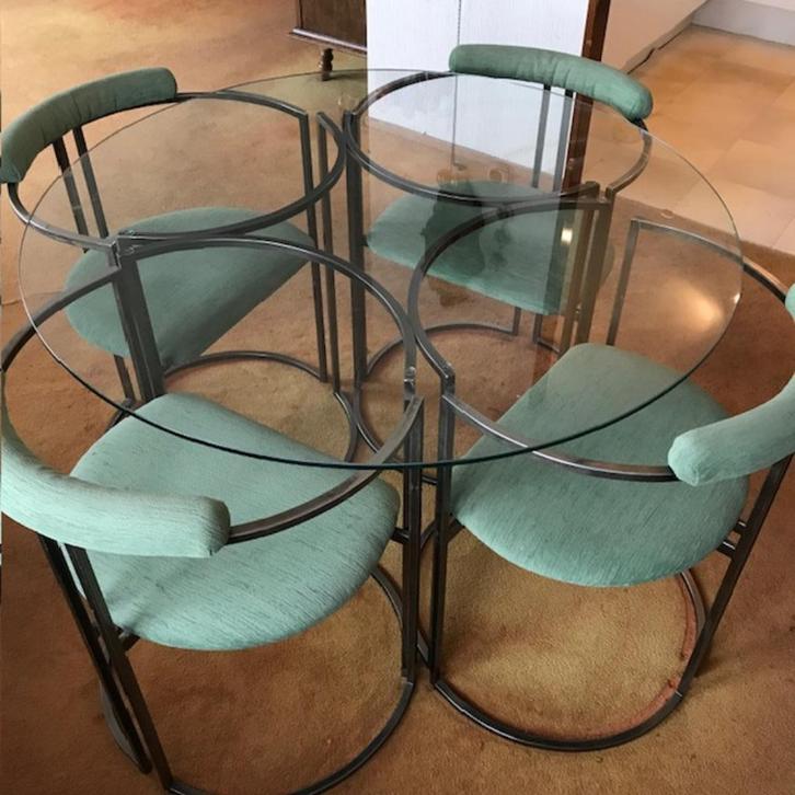 Belgochrom vintage eettafelset, Huis en Inrichting, Tafels | Sidetables, Gebruikt, 75 cm of meer, 100 tot 150 cm, Rond, Glas, Metaal