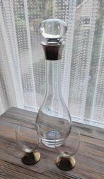 Mooie kristallen karaf met zilveren hals + 2  glazen, Verzenden