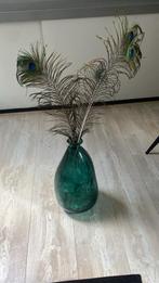 Groene Vaas met Pauwenveren, Ophalen of Verzenden, Minder dan 50 cm, Groen, Glas