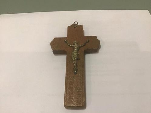 Antiek Houten Kruis met Corpus en Tekst Mon Jezus Miserico, Antiek en Kunst, Antiek | Religie, Ophalen of Verzenden