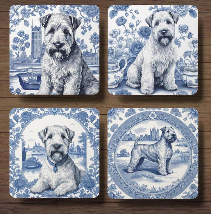 Soft Coated Wheaten Terriër Delfts Blauw onderzetters+houder, Huis en Inrichting, Woonaccessoires | Onderzetters, Nieuw, Glas of Kopje