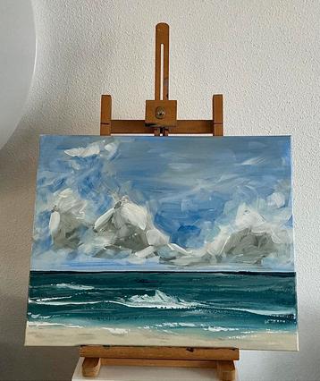 Zee schilderij ~aan de kust ~bewolkt ~origineel werk~atelier beschikbaar voor biedingen