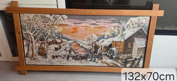 Vintage Ingelijst Borduurwerk Winterlandschap, Antiek en Kunst, Antiek | Kleden en Textiel, Ophalen