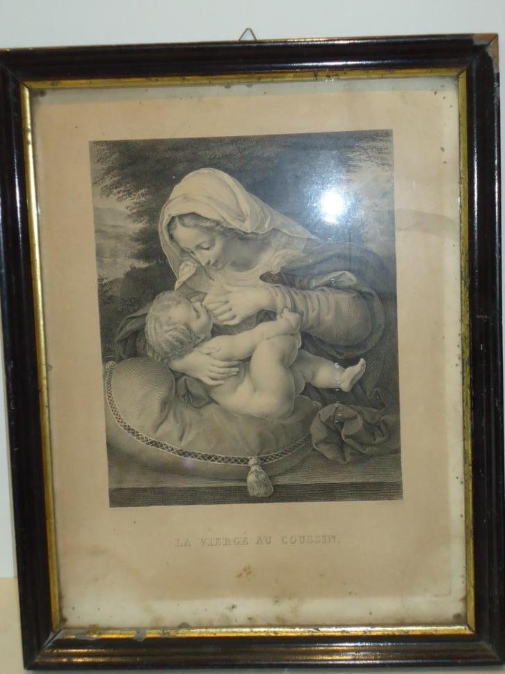 antieke gravure 'La Vierge au coussin' Andrea Solari, Giraud, Antiek en Kunst, Antiek | Religie, Ophalen of Verzenden