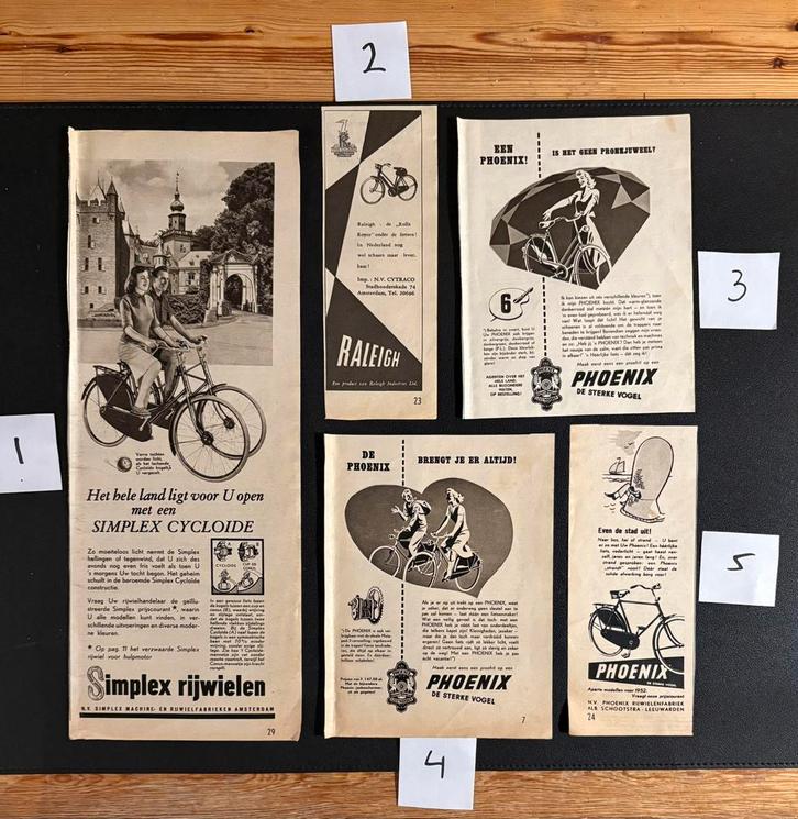 5 advertenties ‘Raleigh’, ‘Simplex’ en ‘Phoenix’ fietsen, Verzamelen, Tijdschriften, Kranten en Knipsels, Knipsel(s), 1940 tot 1960