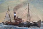 vintage tekening schilderij vissersschip stoomboot Ijmuiden, Antiek en Kunst, Kunst | Schilderijen | Klassiek, Ophalen of Verzenden