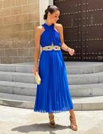 Feversave korenblauwe plissé jurk kuitlang met ceintuur L, Maat 42/44 (L), Feversave, Nieuw, Onder de knie