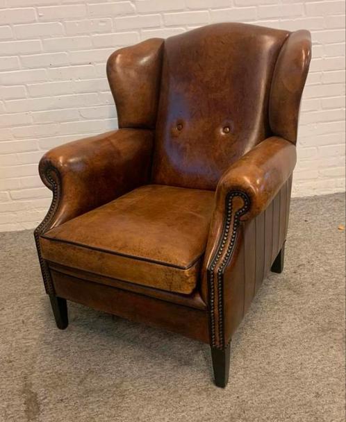 Fauteuil bruin schapen lederen Chesterfield oor fauteuil, Huis en Inrichting, Fauteuils, Ophalen of Verzenden