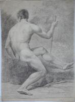 19e eeuw krijttekening "Zittend Manlijk Naakt", op Whatman, Ophalen