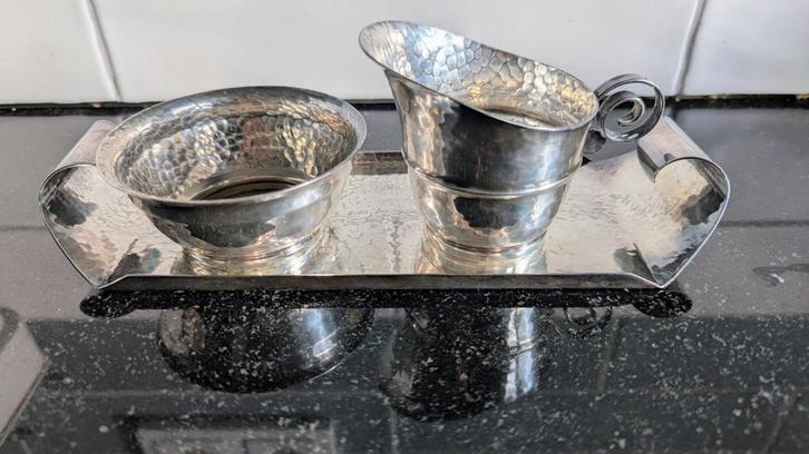 Verzilverd roomstel met dienblad, Antiek en Kunst, Antiek | Goud en Zilver, Zilver, Ophalen of Verzenden