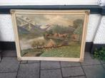Schilderij Landschap aan een meer met koeien in de wei, Antiek en Kunst, Ophalen