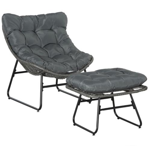 Outsunny rotan fauteuils met kruk staalgrijs 69 x 76 x 70 cm, Tuin en Terras, Ligbedden, Nieuw, Rotan, Ophalen
