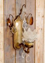 Oude messing wandlamp glazen pegels glazen bloemkelkje, Gebruikt, --, Ophalen of Verzenden, --
