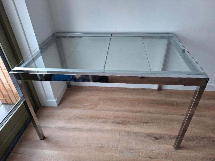 Glazen Eettafel uitschuifbaar, Huis en Inrichting, Tafels | Eettafels, Gebruikt, 50 tot 100 cm, 150 tot 200 cm, Vier personen