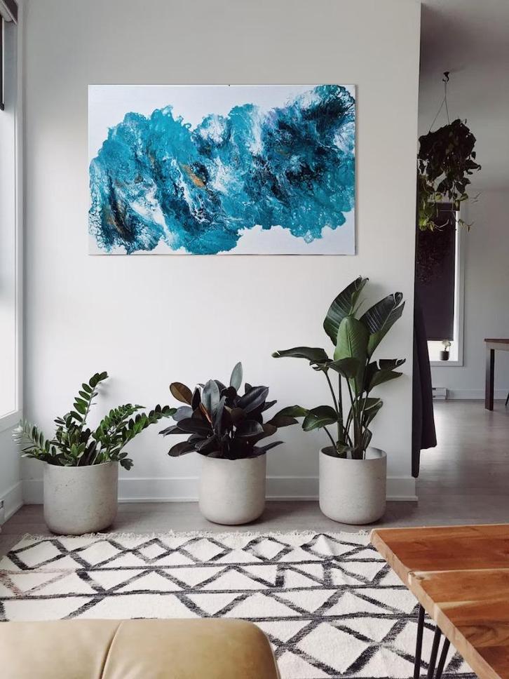 Modern abstract schilderij – blauw/turquoise/goud, Antiek en Kunst, Kunst | Schilderijen | Modern, Ophalen