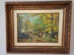 Kleurrijk schilderij van een dienstmeid met kind in park, Antiek en Kunst, Ophalen of Verzenden