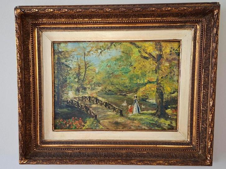 Kleurrijk schilderij van een dienstmeid met kind in park, Antiek en Kunst, Kunst | Schilderijen | Klassiek, Ophalen of Verzenden