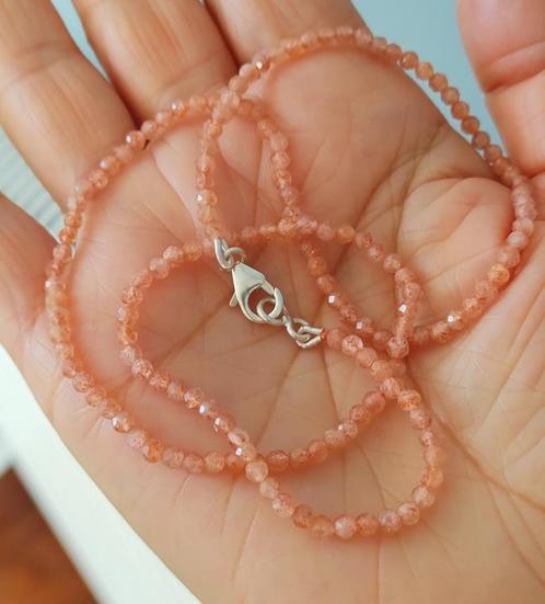 Zilveren ketting met natuurlijke Zonnesteen steen zilver 925, Sieraden, Tassen en Uiterlijk, Kettingen, Nieuw, Zilver, Bruin, Met edelsteen