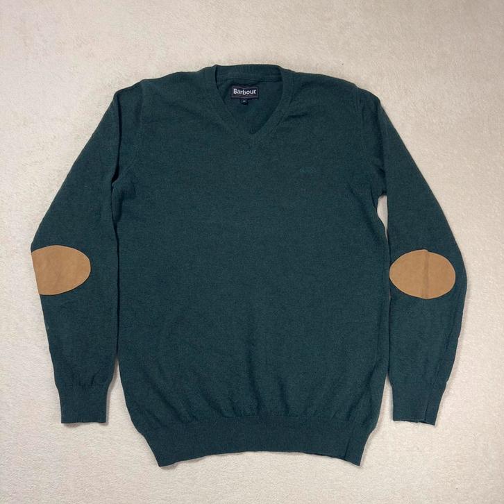 Barbour V-Hals Trui Groen 100% Wol Elleboogstuk Maat M Heren, Kleding | Heren, Truien en Vesten, Gedragen, Maat 48/50 (M), Groen