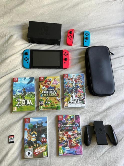 Nintendo Switch incl. spellen, Spelcomputers en Games, Spelcomputers | Nintendo Switch, Gebruikt, Switch Original, Met 2 controllers