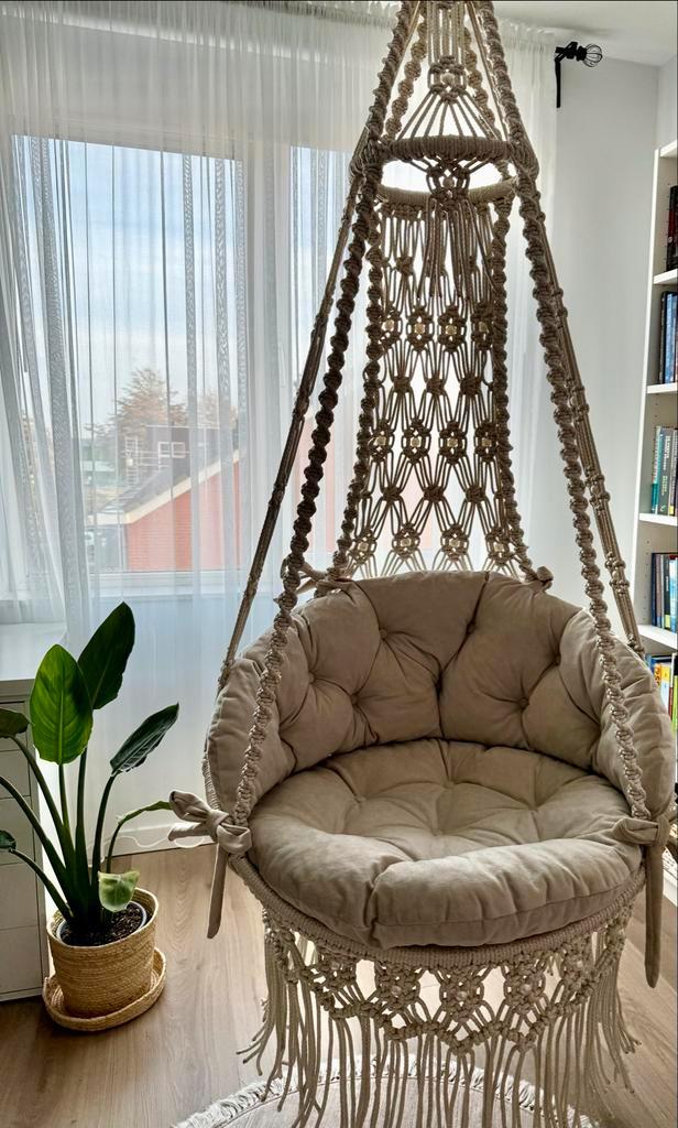 Handgemaakte Macramé Schommelstoel - Incl. Kussen, Huis en Inrichting, Stoelen, Nieuw, Eén, Stof, Wit, Ophalen