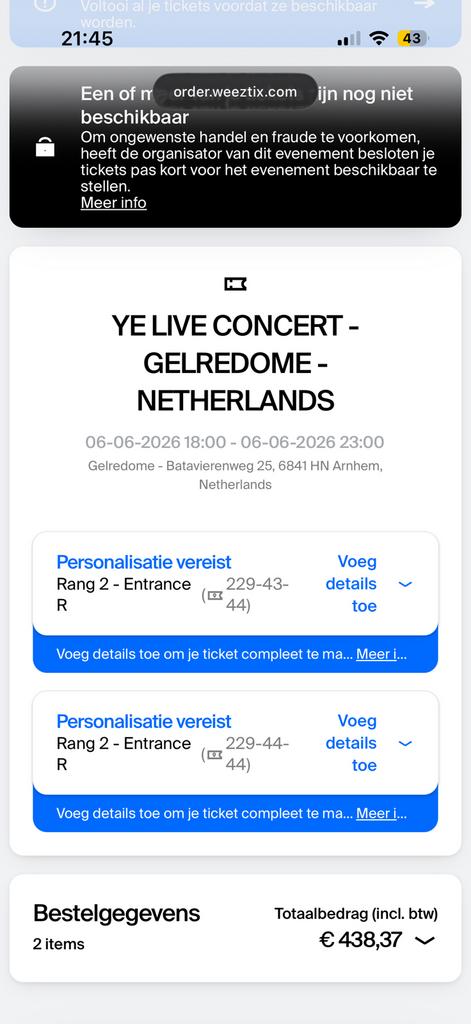 2 Tickets Kanye West, Tickets en Kaartjes, Twee personen, Overige soorten