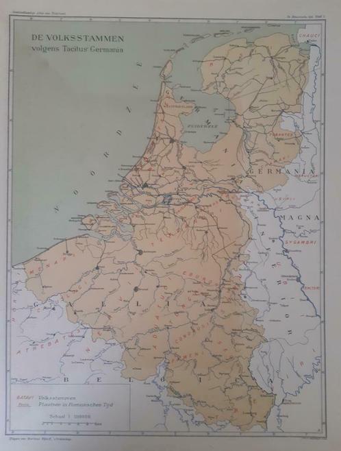 B067 / plattegrond volksstammen Romeinsche Tijd. litho 1929, Antiek en Kunst, Kunst | Litho's en Zeefdrukken, Ophalen of Verzenden