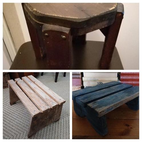Krukje hout huisvlijt krukje inklapbaar bruin blauw diversen, Antiek en Kunst, Curiosa en Brocante, Ophalen of Verzenden