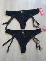 Twee sexy zwarte panterprint jarratel strings Maat XL, Verzenden, Zwart, String