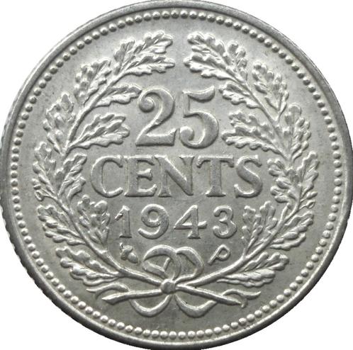 Nederland 25 cent 1943 (EP. zilver, UNC-), Postzegels en Munten, Munten | Nederland, Losse munt, 25 cent, Koningin Wilhelmina