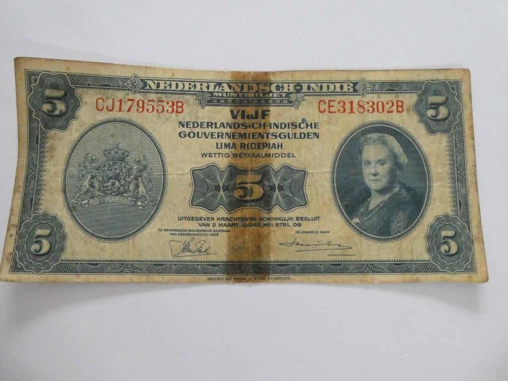 Nederlands-Indië, vijf gulden, Postzegels en Munten, Bankbiljetten | Nederland, Ophalen of Verzenden, 5 gulden, Los biljet