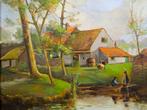 Schilderij 1949 Idyllisch Landleven Olieverf Doek Gesigneerd, Ophalen of Verzenden