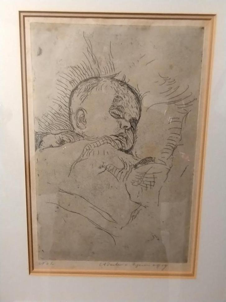 Antieke Ets Antoon Derkzen van Angeren "slapende baby", Antiek en Kunst, Kunst | Etsen en Gravures, Ophalen of Verzenden