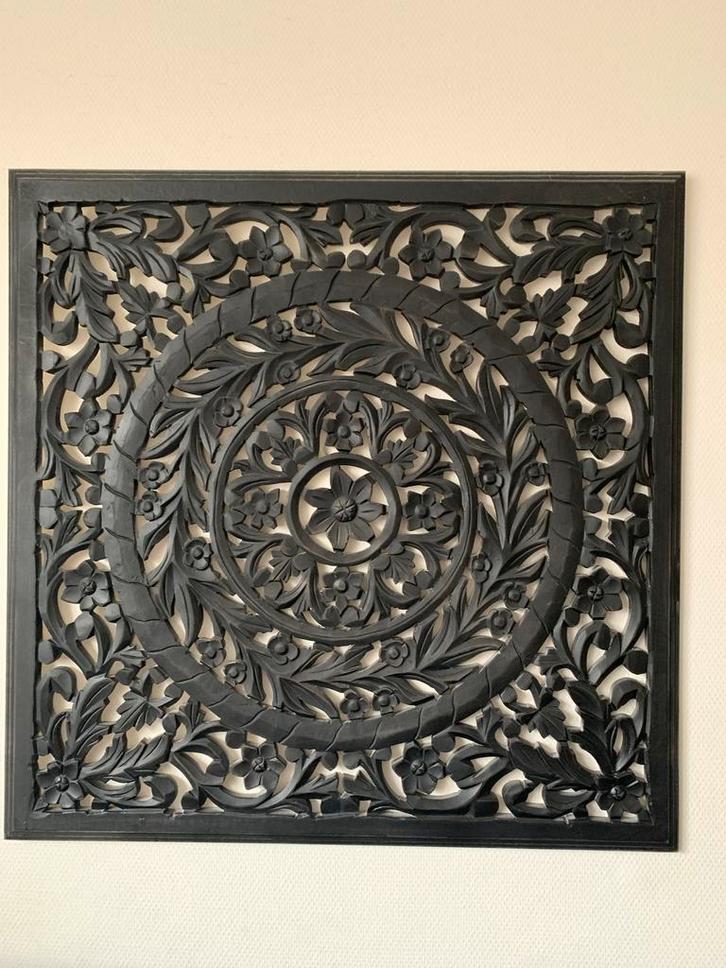 2 Zwarte Wandpanelen met Bloemmotief, Antiek en Kunst, Kunst | Schilderijen | Abstract, Ophalen of Verzenden