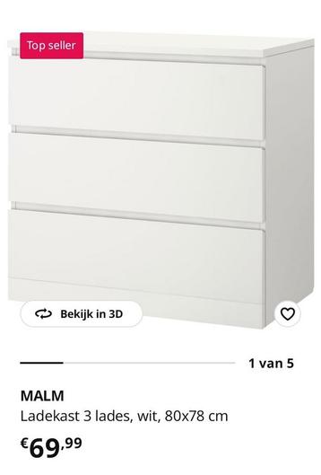 Malm ladekast, 3 lades - afbeelding 1