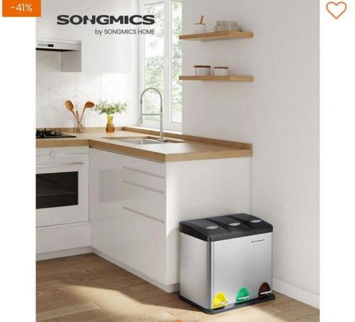 SONGMICS Prullenbak 3 Vakken - Afvalscheiding, Huis en Inrichting, Woonaccessoires | Prullenbakken, Nieuw, Rvs, 50 tot 75 cm, 30 tot 40 liter