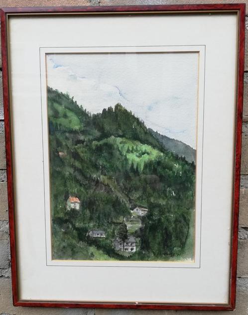 Corneille, Berglandschap met huizen. Aquarel. 28/36 cm., Huis en Inrichting, Woonaccessoires | Schilderijen, Tekeningen en Foto's
